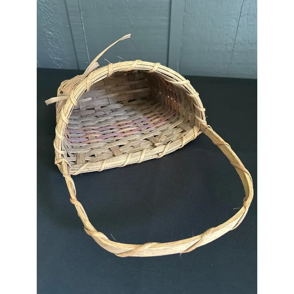 Vintage Handwoven Splint Wall Basket with Bow Cottagecore Farmhouse Decor